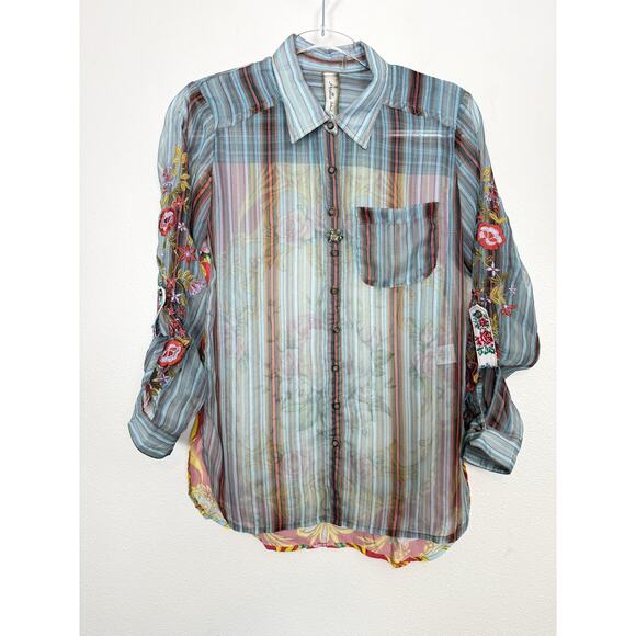 Aratta Silent Journey Shirt Womens XS Sheer Embroidered Floral Button Front Boho - Picture 1 of 12